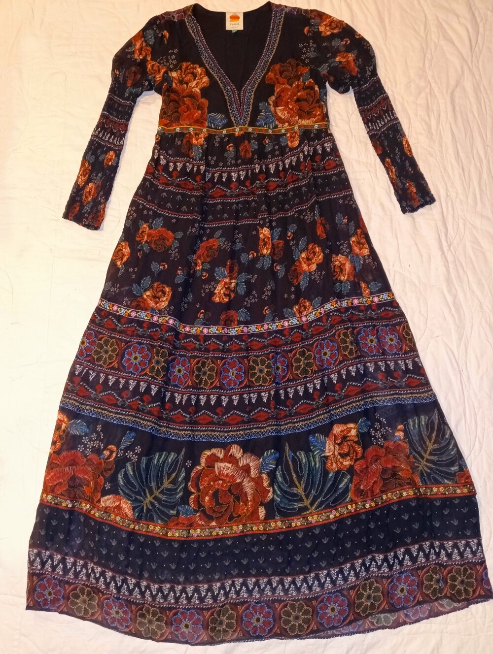 Last Chance! Unique Farm Rio Boho Maxi Puff Sleeve Feminine Look Sz S - Picture 3 of 6